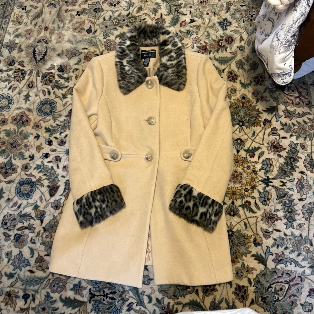 Style & Co. Camel Pea Coat with Leopard Accents